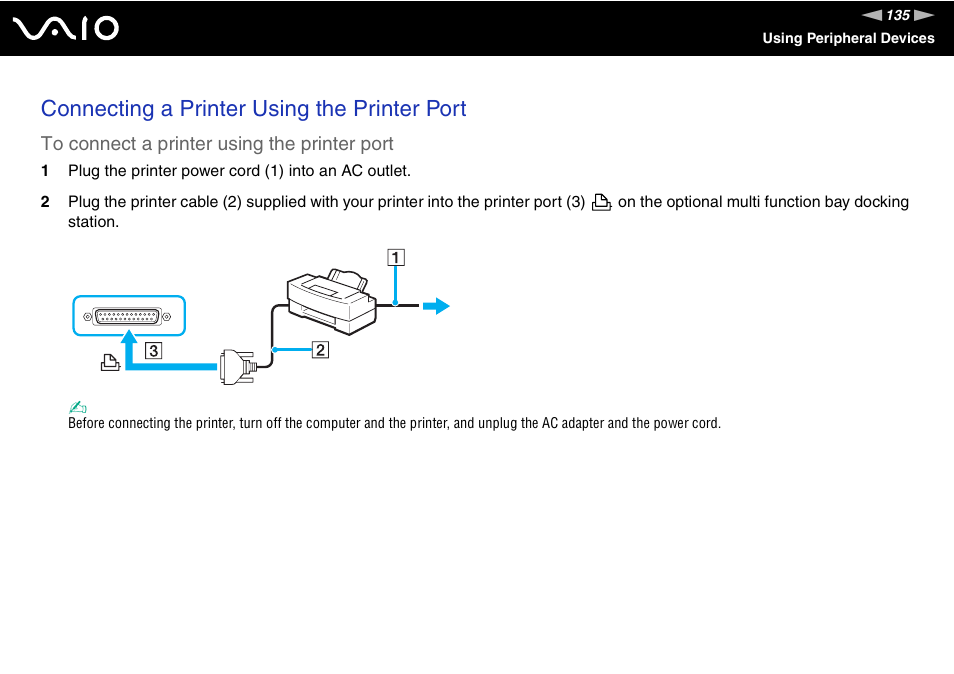 Connecting a printer using the printer port | Sony VGN-AX570G User Manual | Page 135 / 237