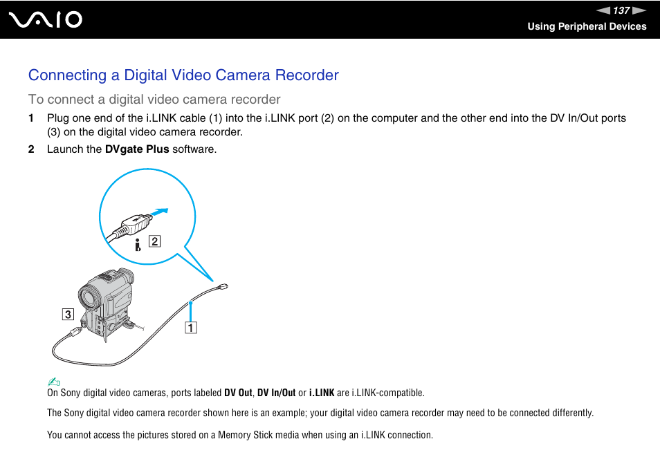 Connecting a digital video camera recorder | Sony VGN-AX570G User Manual | Page 137 / 237