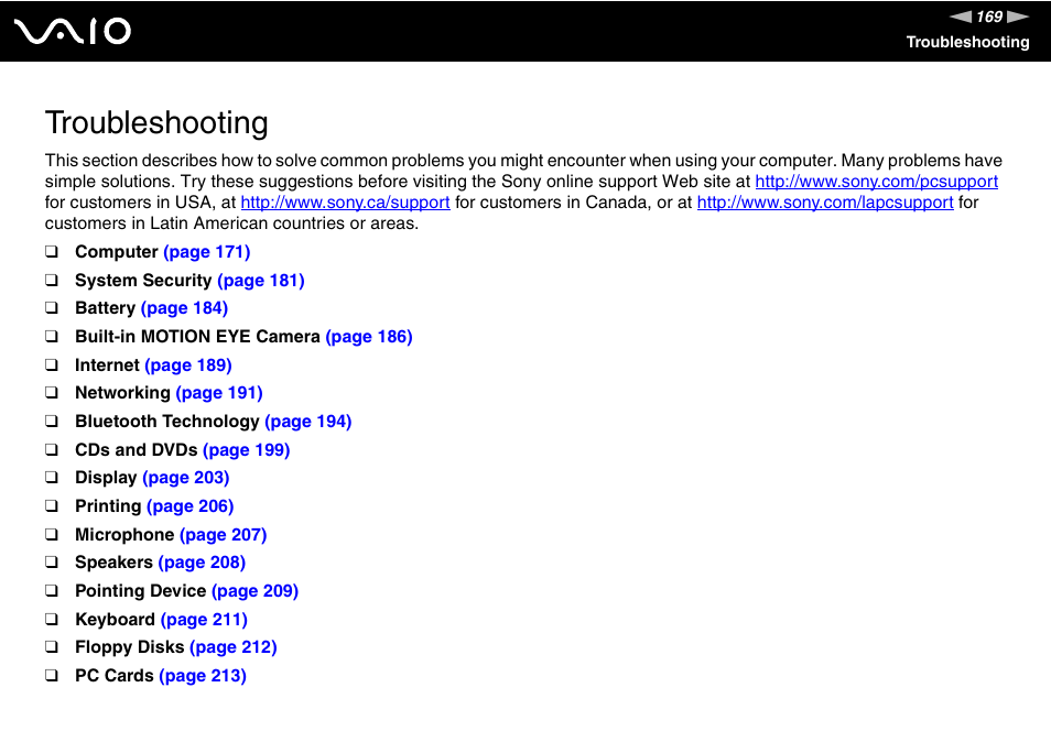 Troubleshooting | Sony VGN-AX570G User Manual | Page 169 / 237
