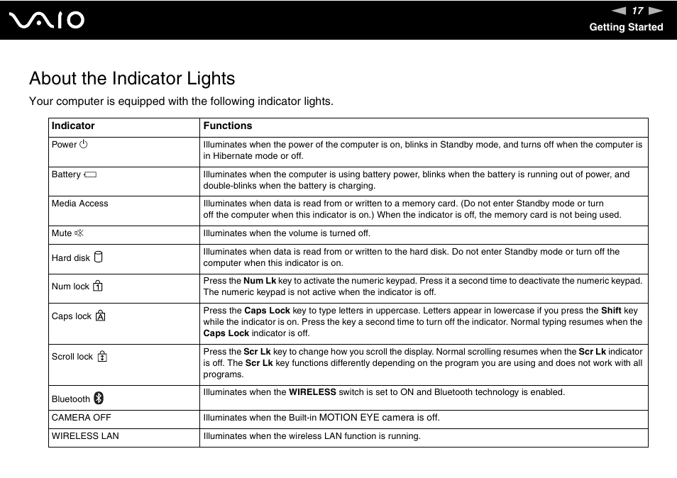 About the indicator lights | Sony VGN-AX570G User Manual | Page 17 / 237