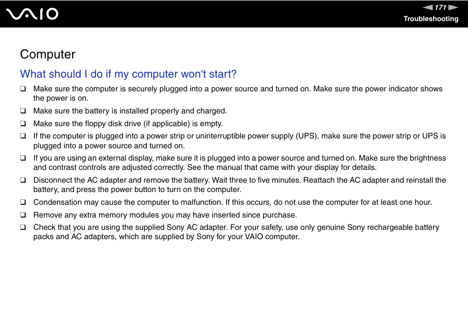 Computer, What should i do if my computer won't start | Sony VGN-AX570G User Manual | Page 171 / 237