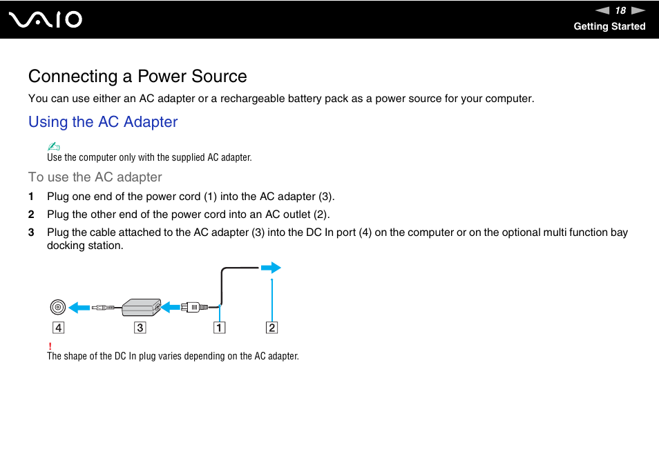 Connecting a power source, Using the ac adapter | Sony VGN-AX570G User Manual | Page 18 / 237