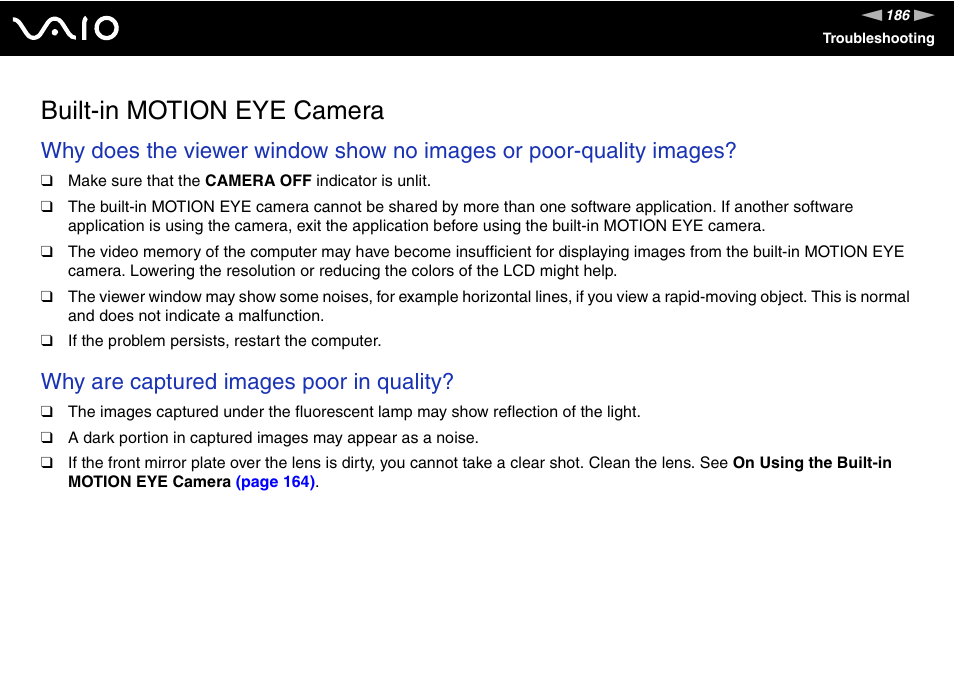 Built-in motion eye camera, Why are captured images poor in quality | Sony VGN-AX570G User Manual | Page 186 / 237