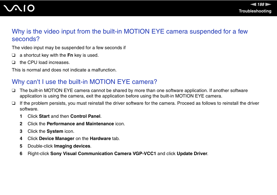 Why can't i use the built-in motion eye camera | Sony VGN-AX570G User Manual | Page 188 / 237