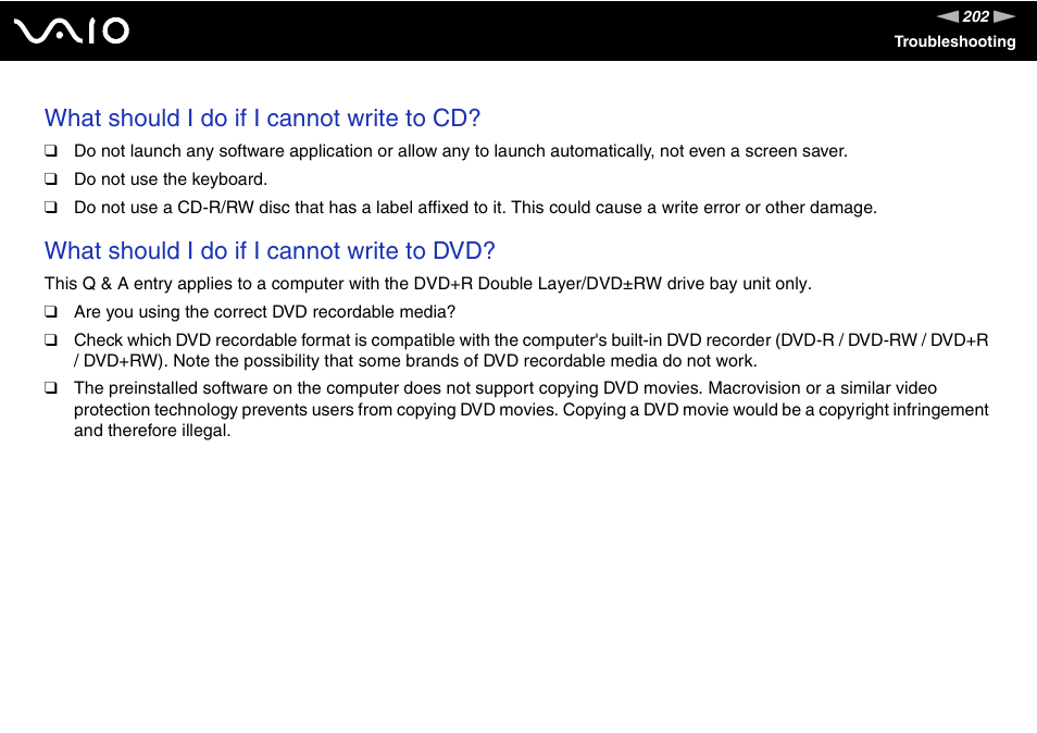 What should i do if i cannot write to cd, What should i do if i cannot write to dvd | Sony VGN-AX570G User Manual | Page 202 / 237