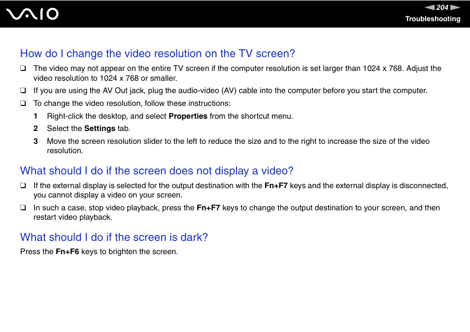 What should i do if the screen is dark | Sony VGN-AX570G User Manual | Page 204 / 237