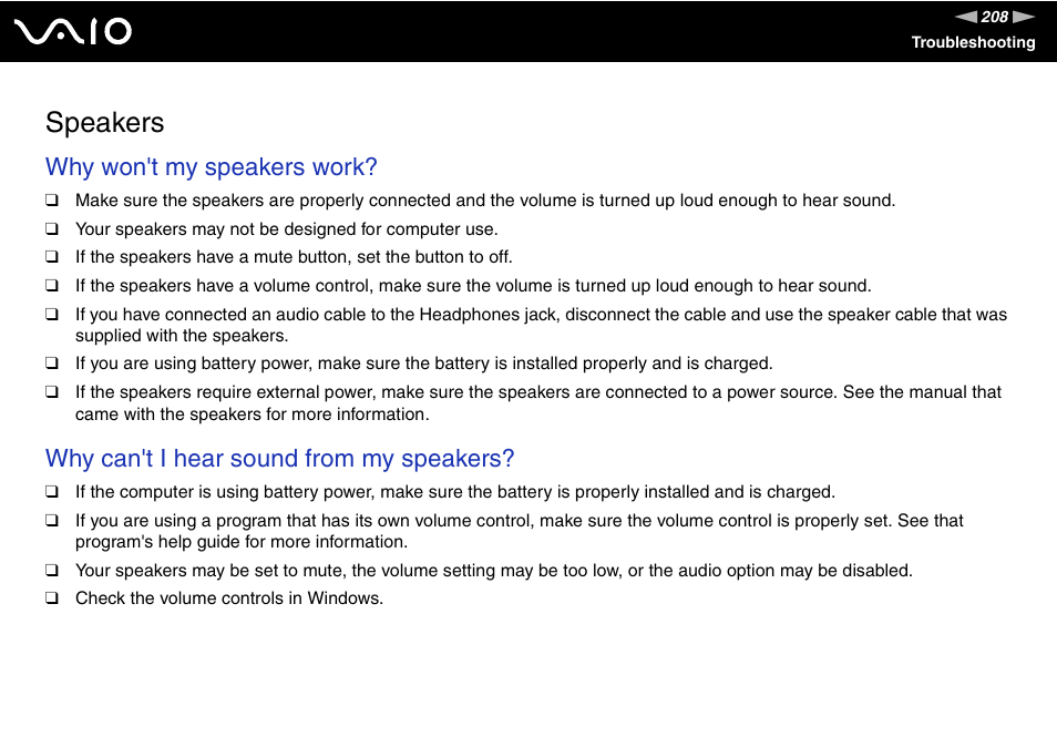 Speakers, Why won't my speakers work, Why can't i hear sound from my speakers | Sony VGN-AX570G User Manual | Page 208 / 237