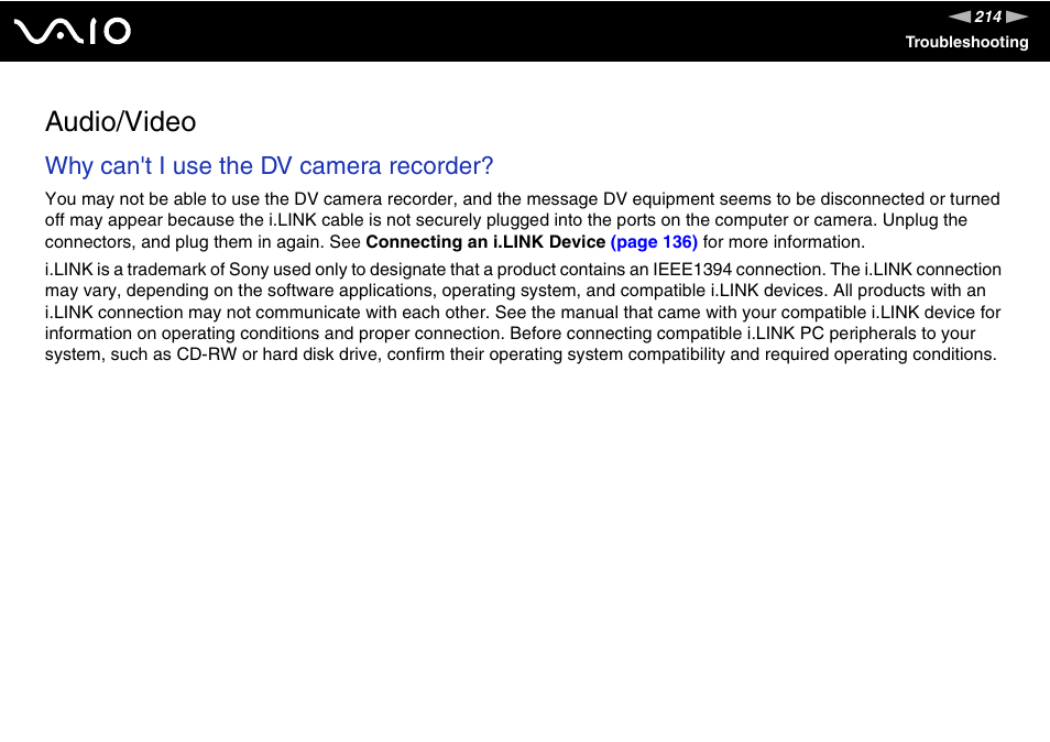 Audio/video, Why can't i use the dv camera recorder | Sony VGN-AX570G User Manual | Page 214 / 237