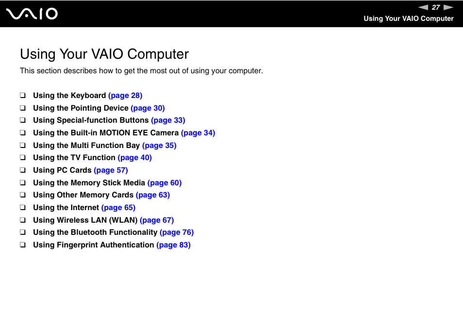 Using your vaio computer | Sony VGN-AX570G User Manual | Page 27 / 237