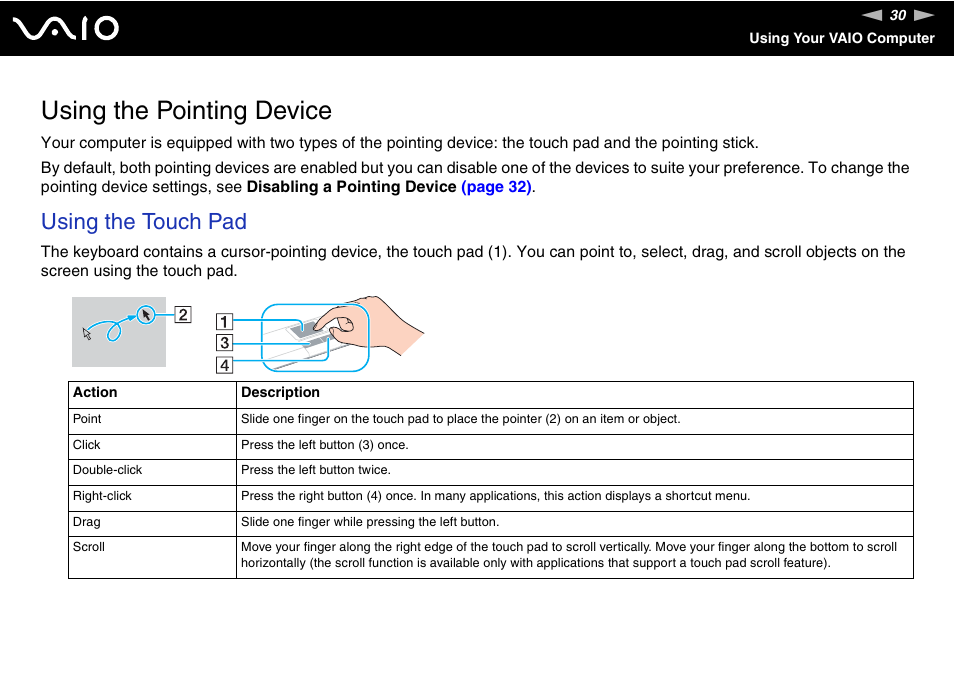 Using the pointing device, Using the touch pad | Sony VGN-AX570G User Manual | Page 30 / 237