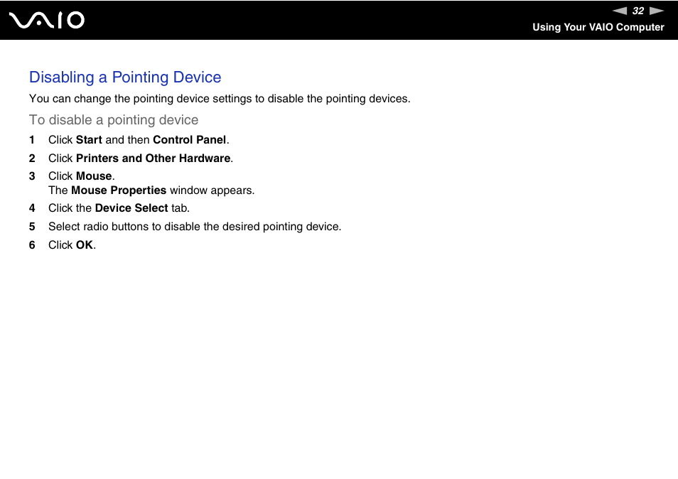 Disabling a pointing device | Sony VGN-AX570G User Manual | Page 32 / 237