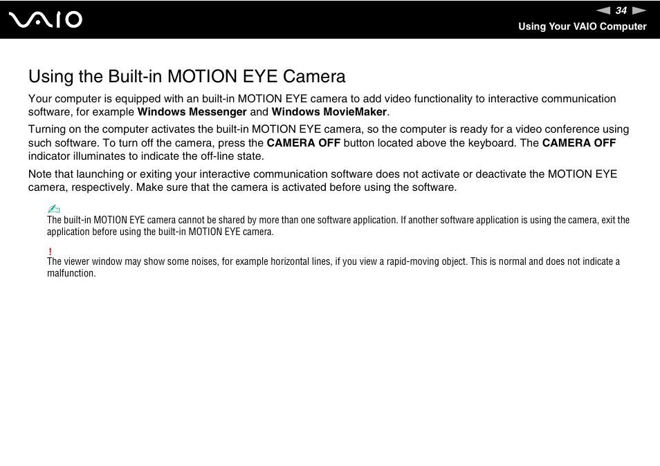 Using the built-in motion eye camera | Sony VGN-AX570G User Manual | Page 34 / 237