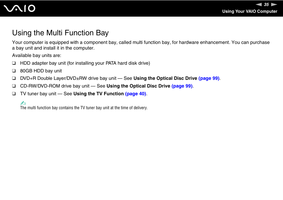 Using the multi function bay | Sony VGN-AX570G User Manual | Page 35 / 237