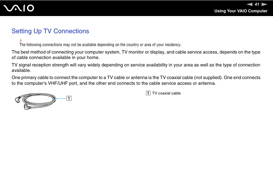 Setting up tv connections | Sony VGN-AX570G User Manual | Page 41 / 237