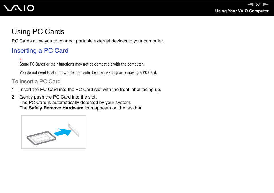 Using pc cards, Inserting a pc card | Sony VGN-AX570G User Manual | Page 57 / 237