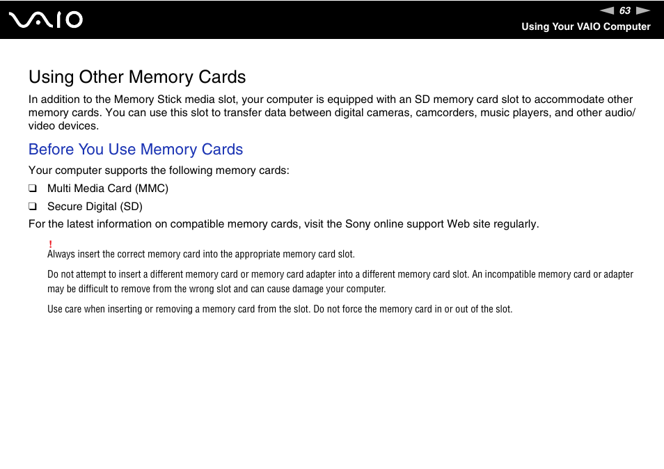 Using other memory cards | Sony VGN-AX570G User Manual | Page 63 / 237
