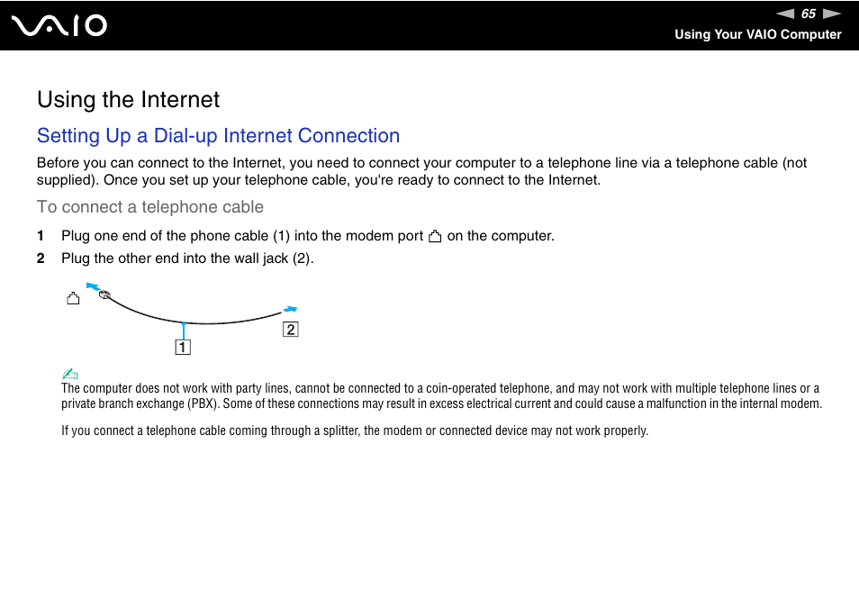 Using the internet, Setting up a dial-up internet connection | Sony VGN-AX570G User Manual | Page 65 / 237