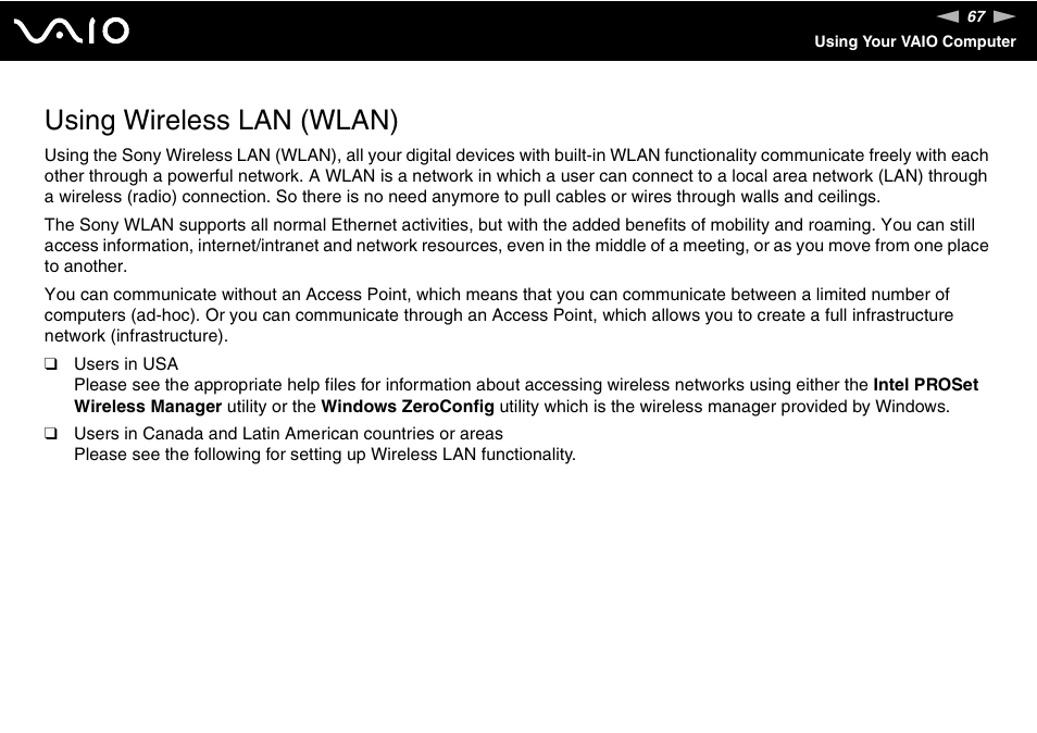 Using wireless lan (wlan) | Sony VGN-AX570G User Manual | Page 67 / 237