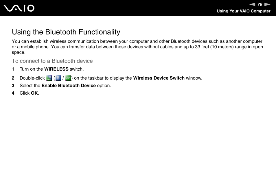 Using the bluetooth functionality | Sony VGN-AX570G User Manual | Page 76 / 237