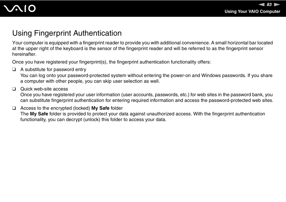 Using fingerprint authentication, Tion | Sony VGN-AX570G User Manual | Page 83 / 237