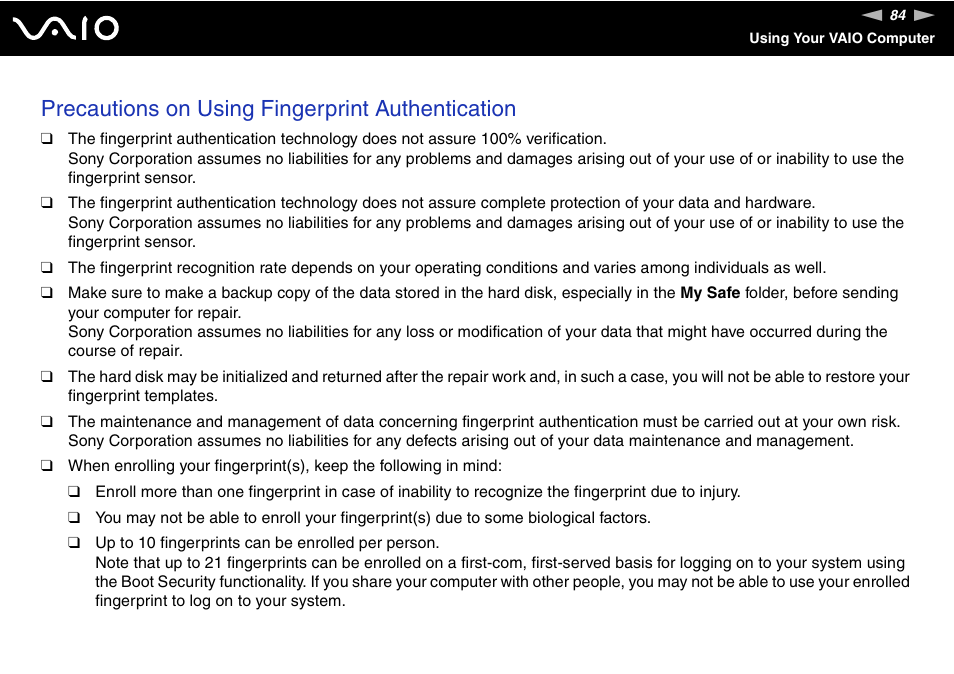 Precautions on using fingerprint authentication | Sony VGN-AX570G User Manual | Page 84 / 237