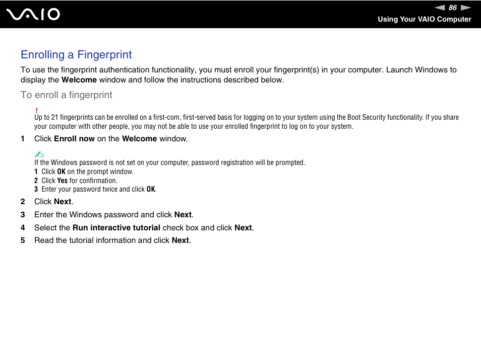 Enrolling a fingerprint | Sony VGN-AX570G User Manual | Page 86 / 237