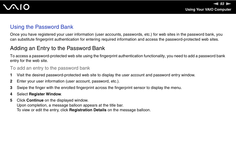 Using the password bank, Adding an entry to the password bank | Sony VGN-AX570G User Manual | Page 93 / 237