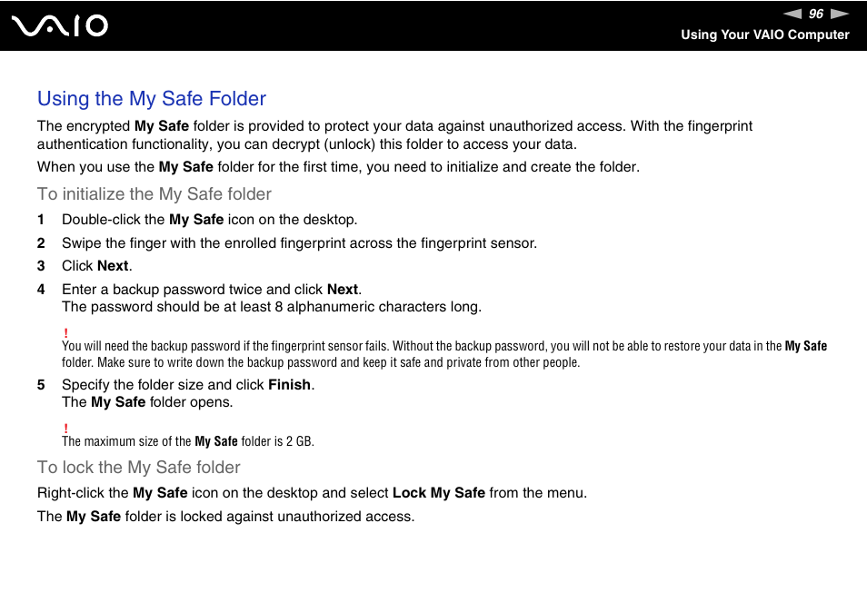 Using the my safe folder | Sony VGN-AX570G User Manual | Page 96 / 237