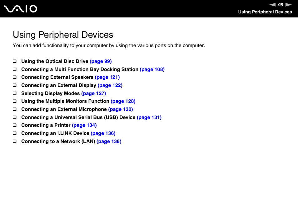 Using peripheral devices | Sony VGN-AX570G User Manual | Page 98 / 237