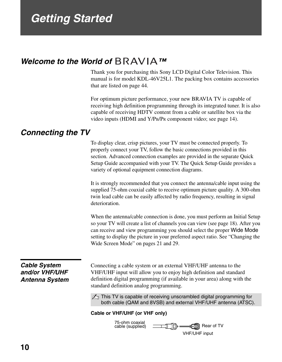 Getting started, Welcome to the world of, Connecting the tv | Cable system and/or vhf/uhf antenna system | Sony KDL-46V25L1 User Manual | Page 10 / 48