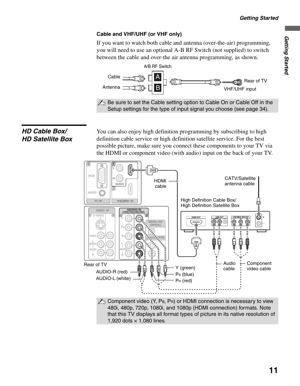 Hd cable box/ hd satellite box, Hd cable box/hd satellite box, Getting started | Getting started cable and vhf/uhf (or vhf only), Component video (y, p, Blue) p, Red) | Sony KDL-46V25L1 User Manual | Page 11 / 48