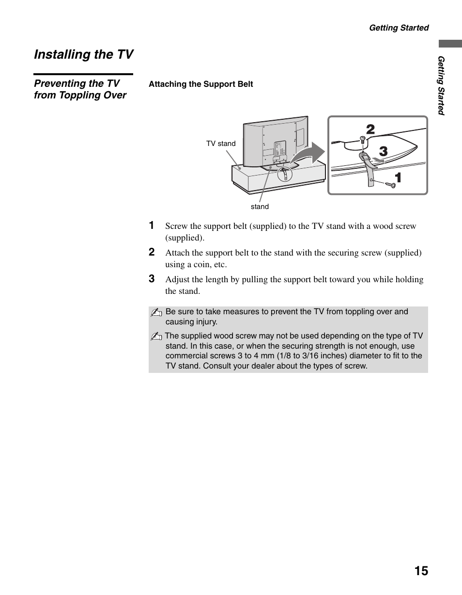 Installing the tv, Preventing the tv from toppling over | Sony KDL-46V25L1 User Manual | Page 15 / 48