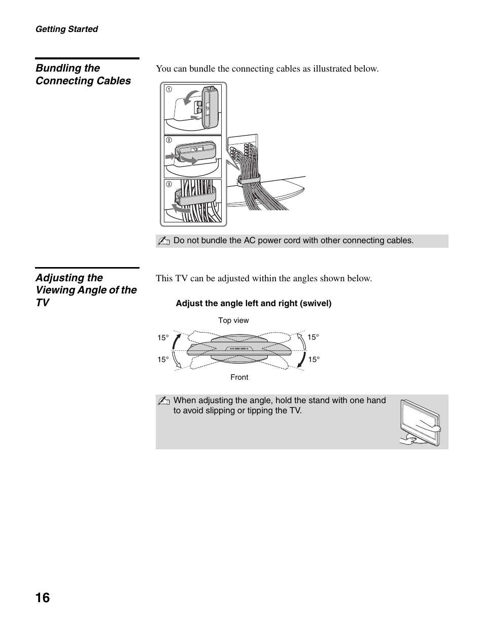 Bundling the connecting cables, Adjusting the viewing angle of the tv | Sony KDL-46V25L1 User Manual | Page 16 / 48