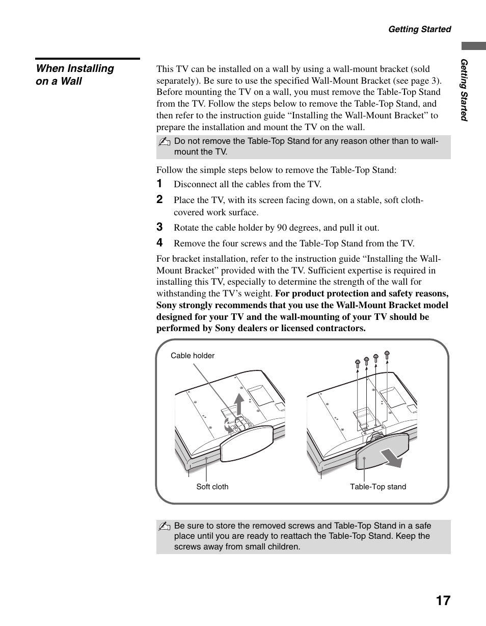 When installing on a wall | Sony KDL-46V25L1 User Manual | Page 17 / 48