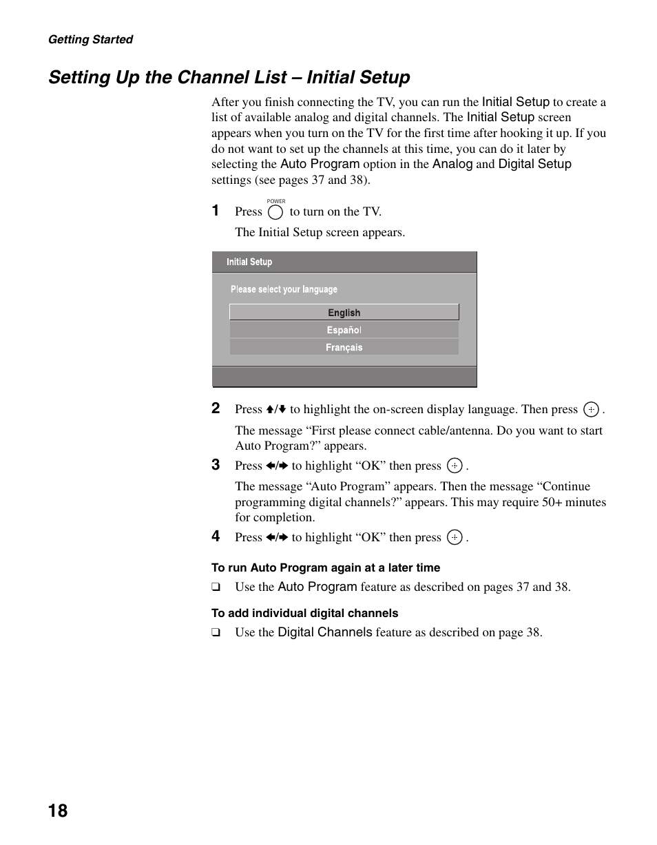 Setting up the channel list - initial setup, Setting up the channel list – initial setup, 18 setting up the channel list – initial setup | Sony KDL-46V25L1 User Manual | Page 18 / 48