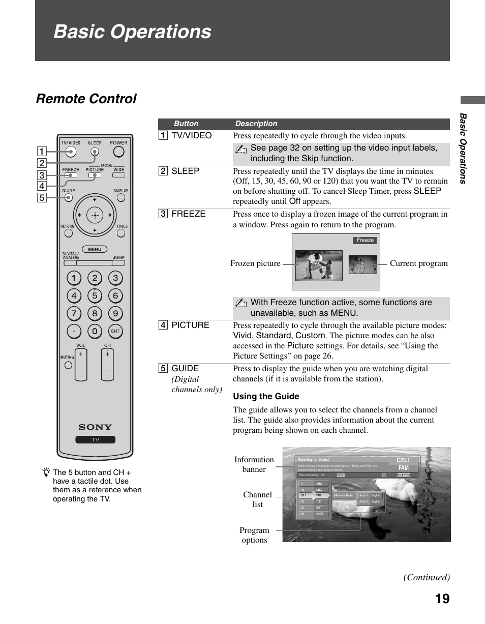 Basic operations, Remote control, Continued) | Sony KDL-46V25L1 User Manual | Page 19 / 48