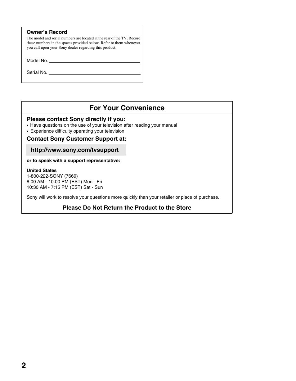 For your convenience | Sony KDL-46V25L1 User Manual | Page 2 / 48