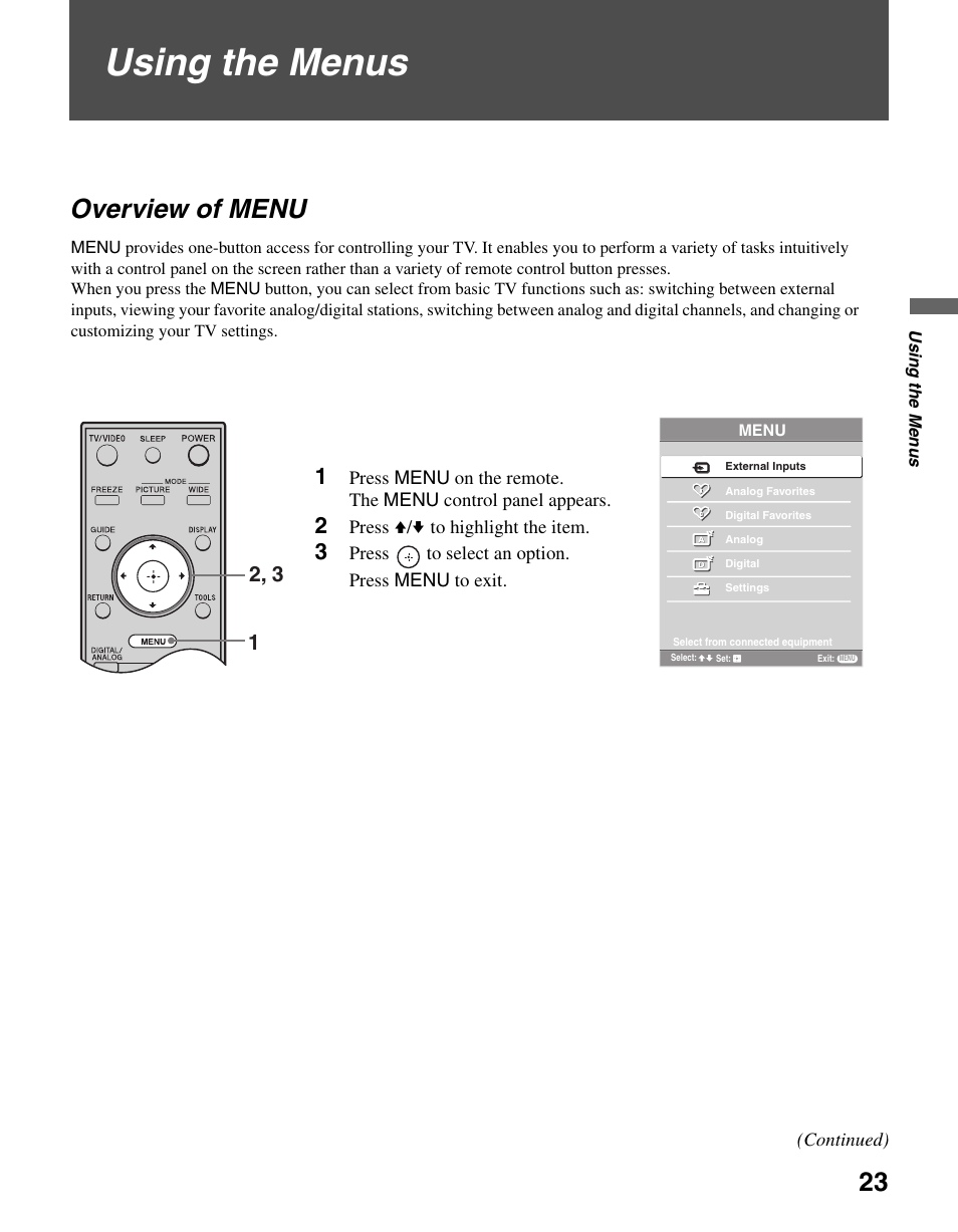 Using the menus, Overview of menu | Sony KDL-46V25L1 User Manual | Page 23 / 48