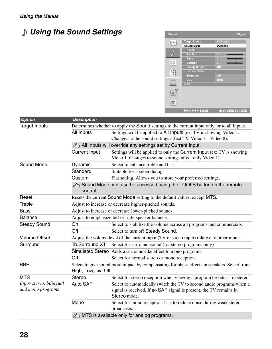 Using the sound settings, 28 using the sound settings | Sony KDL-46V25L1 User Manual | Page 28 / 48