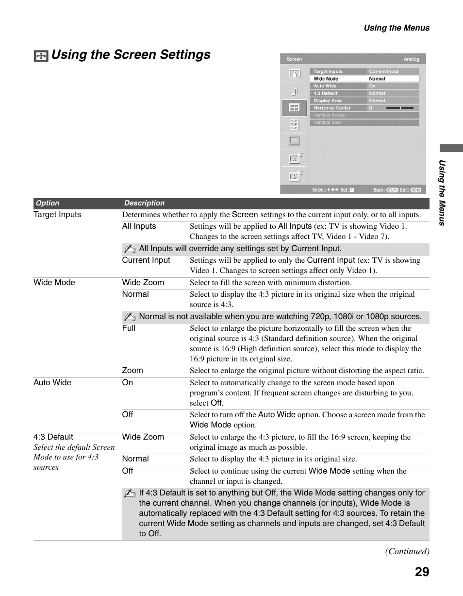 Using the screen settings, Nd 29 | Sony KDL-46V25L1 User Manual | Page 29 / 48