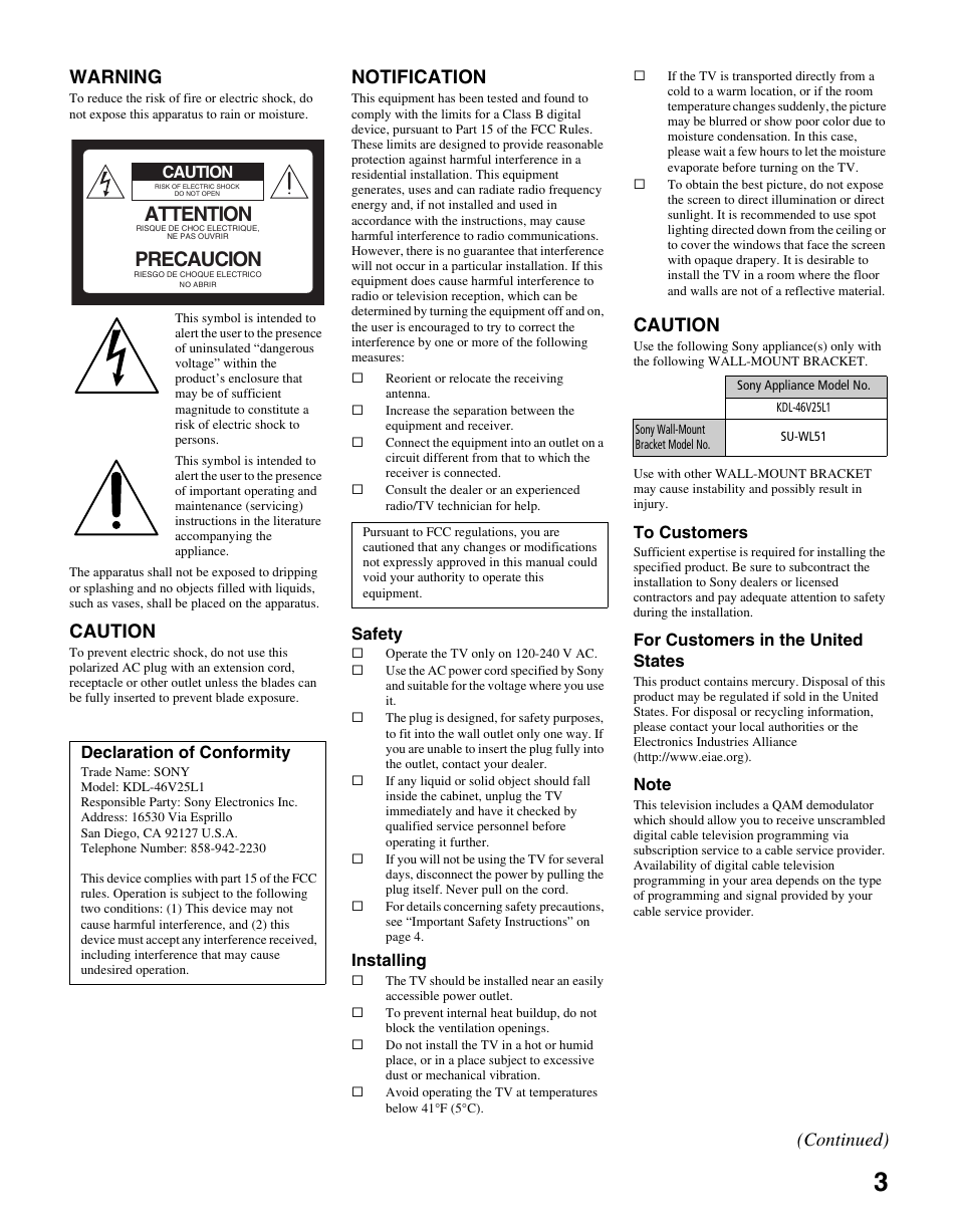 Attention, Precaucion, Warning | Caution, Notification, Continued) | Sony KDL-46V25L1 User Manual | Page 3 / 48