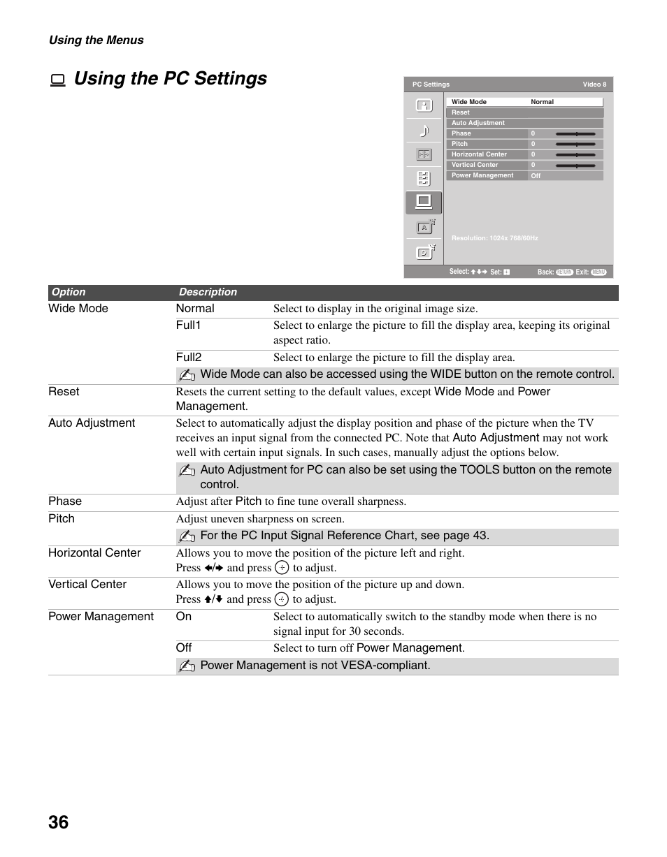 Using the pc settings, 36 and, 36 using the pc settings | Sony KDL-46V25L1 User Manual | Page 36 / 48