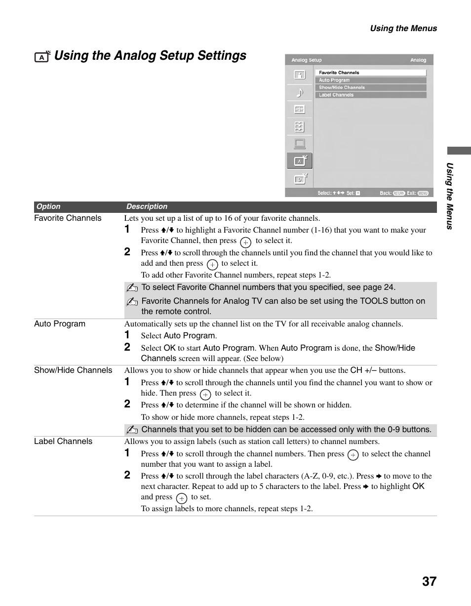 Using the analog setup settings, 37 and | Sony KDL-46V25L1 User Manual | Page 37 / 48