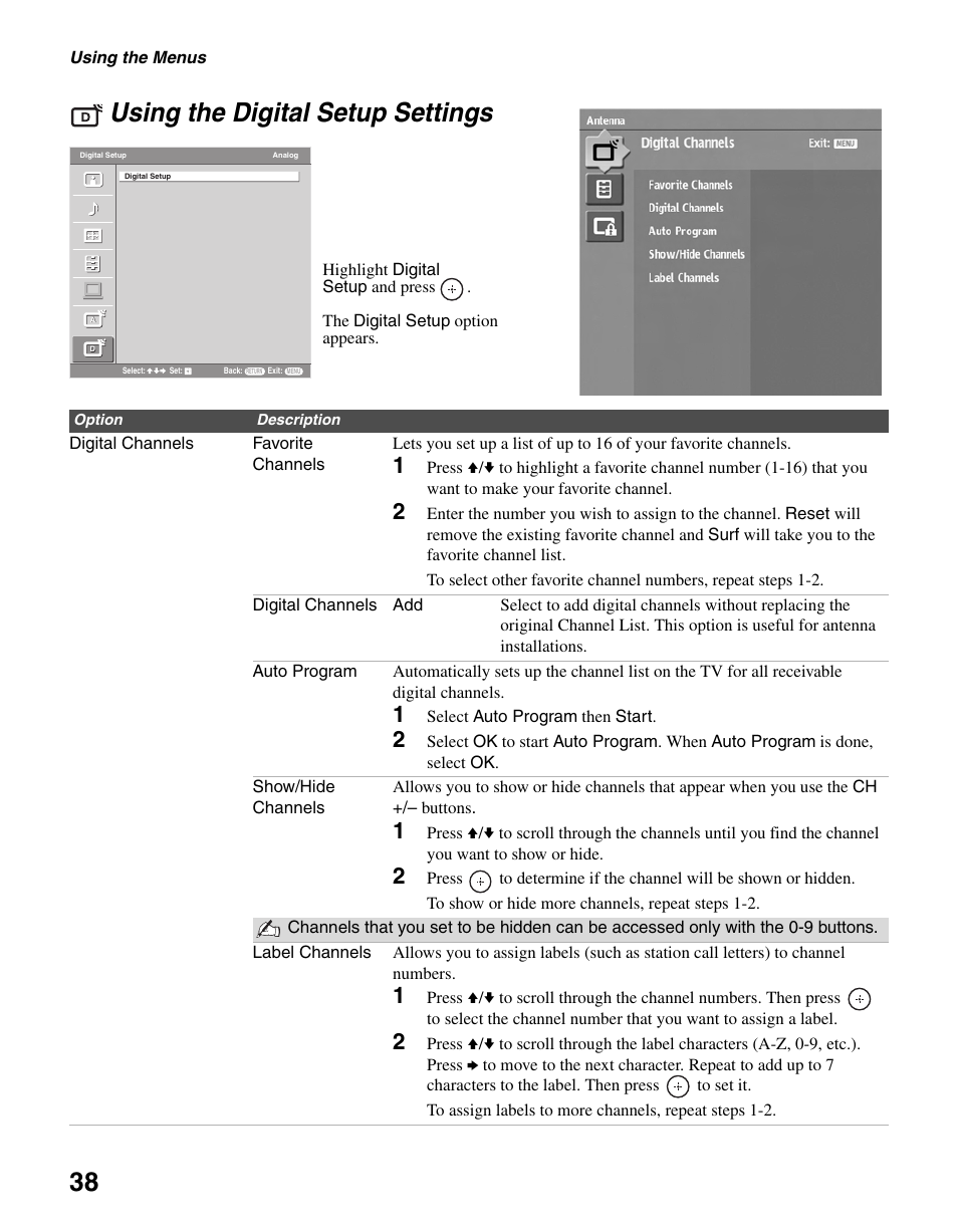 Using the digital setup settings, 38 using the digital setup settings | Sony KDL-46V25L1 User Manual | Page 38 / 48