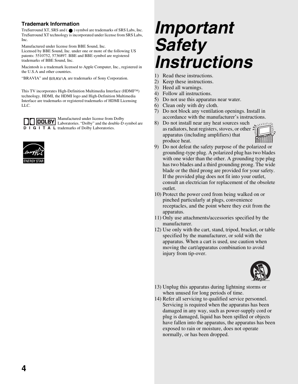 Important safety instructions | Sony KDL-46V25L1 User Manual | Page 4 / 48