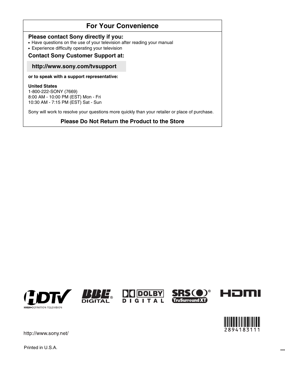 For your convenience | Sony KDL-46V25L1 User Manual | Page 48 / 48