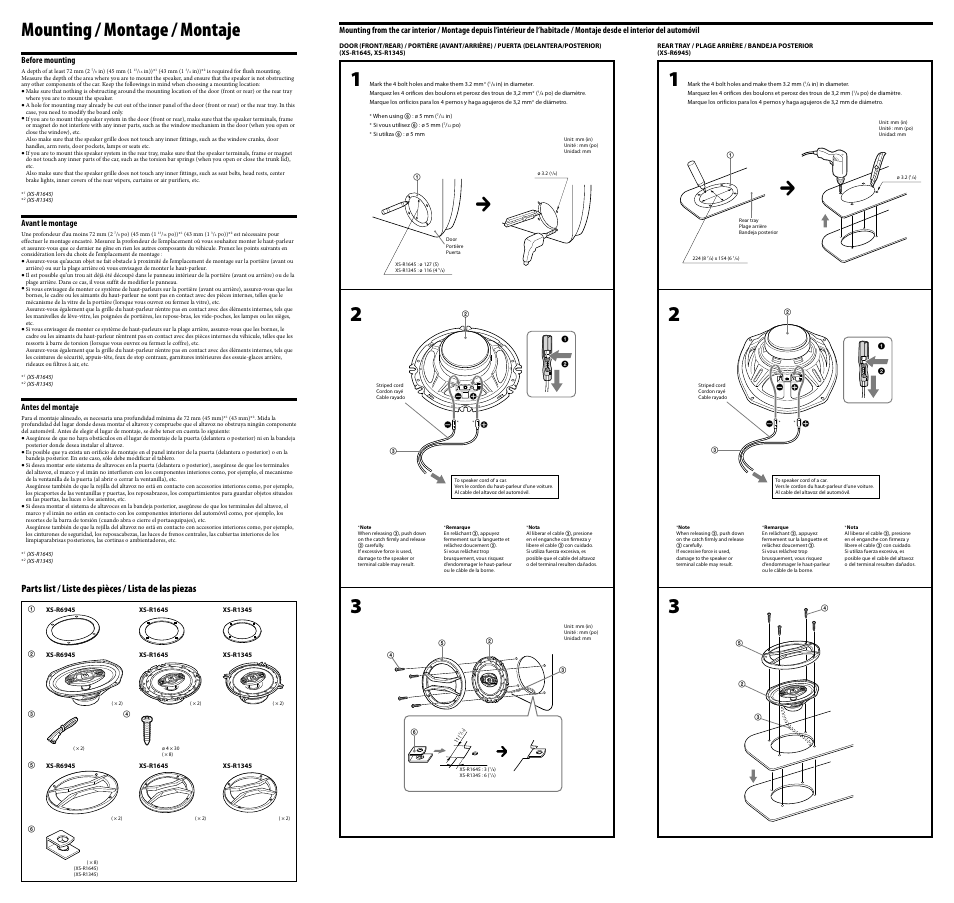 Mounting / montage / montaje | Sony XS-R1345 User Manual | Page 2 / 2
