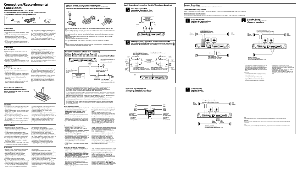 Connections/raccordements/ conexiones, Speaker connections, Conexións des haut-parleurs | Conexiones de los altavoces, Installation instalación, Installation, High level input connection, Connexion d’entrée à haut niveau, Conexión de entrada de alto nivel, Way system système 2 voies sistema de 2 vías | Sony XM-554ZR User Manual | Page 2 / 2
