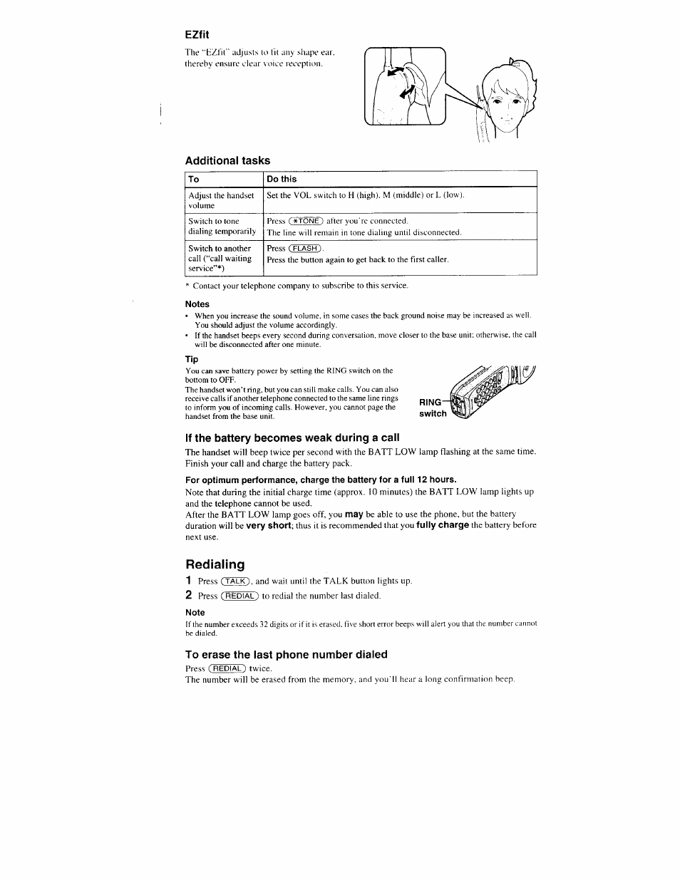 Ezfit, Additional tasks, Notes | If the battery becomes weak during a call, Note, To erase the last phone number dialed, Tone), Flash ), Redialing 1, Talk | Sony SPP-S9000 User Manual | Page 10 / 29