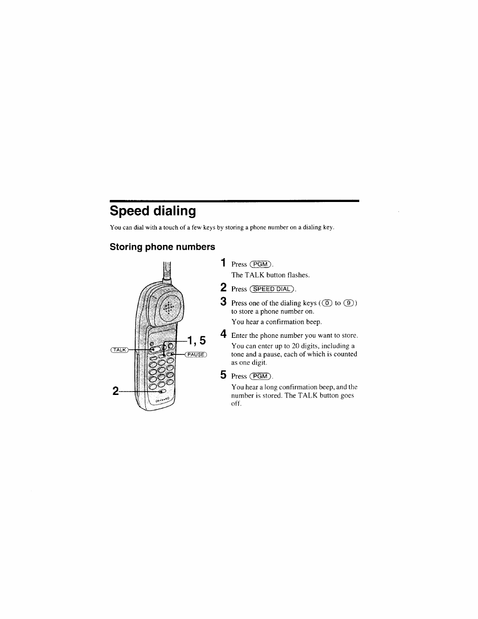 Storing phone numbers, Speed dialing | Sony SPP-S9000 User Manual | Page 11 / 29